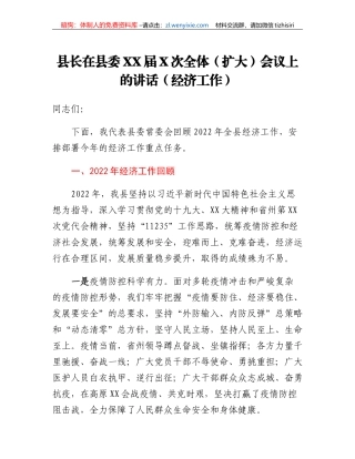 县长在县委XX届X次全体（扩大）会议上的讲话（经济工作）