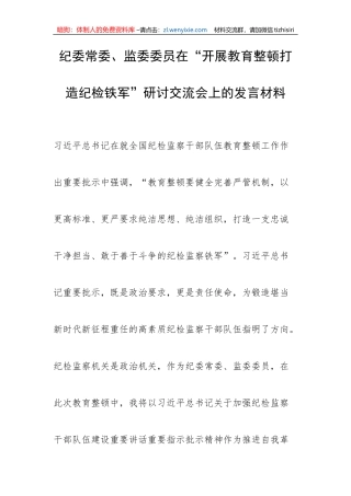 纪委常委、监委委员在“开展教育整顿打造纪检铁军”研讨交流会上的发言材料