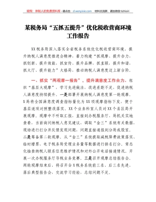 某税务局五抓五提升优化税收营商环境工作报告