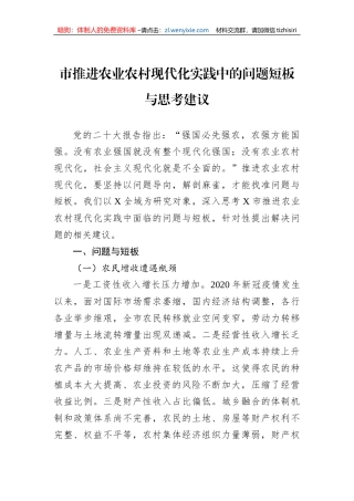 市推进农业农村现代化实践中的问题短板与思考建议
