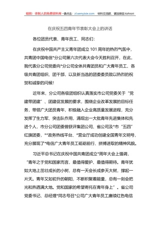 在庆祝五四青年节表彰大会上的讲话