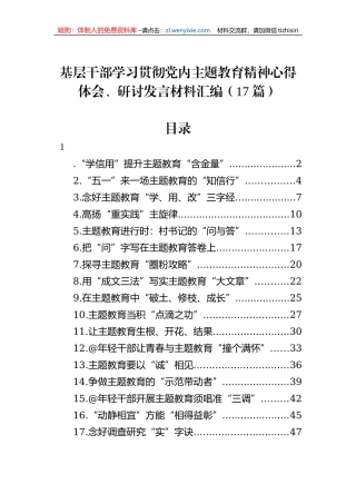 基层干部学习贯彻党内主题教育精神心得体会、研讨发言材料汇编（17篇）