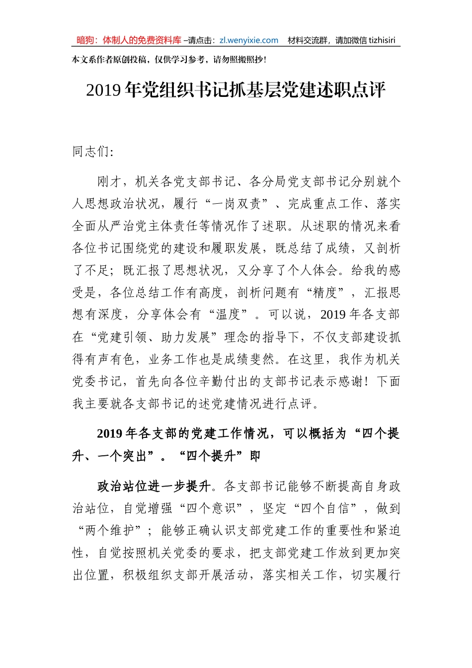 2019年党组织书记抓基层党建述职点评_第1页