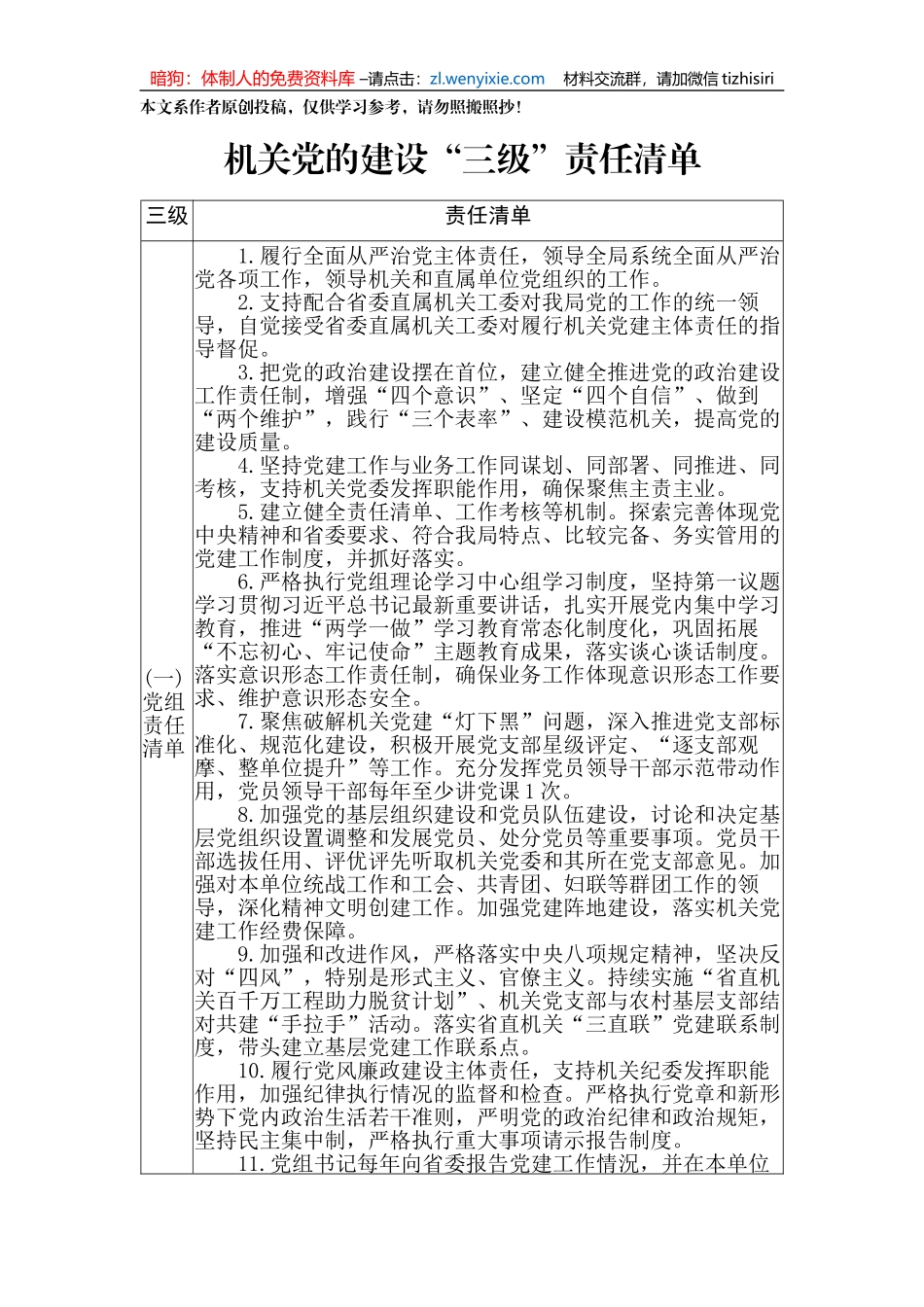 机关党的建设“三级四岗”责任清单_第1页