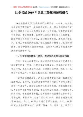 2019年党建工作述职述廉报告