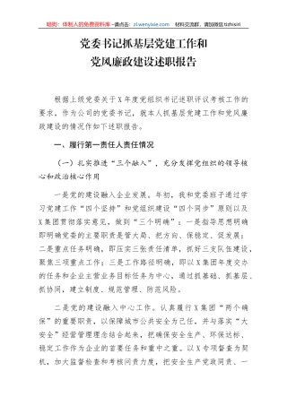 党委书记抓基层党建工作和党风廉政建设述职报告