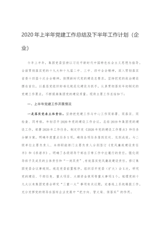 2020年上半年党建工作总结及下半年工作计划（企业）