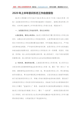 2020年上半年意识形态工作自查报告
