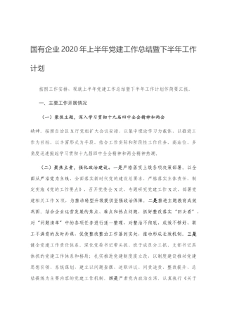 国有企业2020年上半年党建工作总结暨下半年工作计划