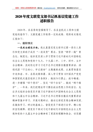 2020年度文联党支部书记抓基层党建工作述职报告