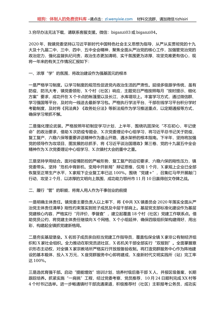 2020年度X镇落实全面从严治党主体责任报告_第2页