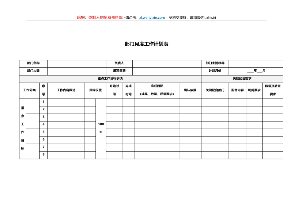 《部门月度工作计划表》模板_第1页