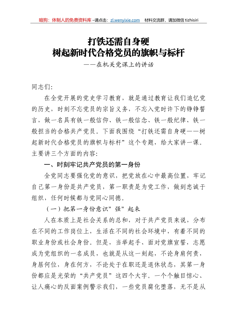打铁还需自身硬树起新时代合格党员的旗帜与标杆在机关党课上的讲话_第1页