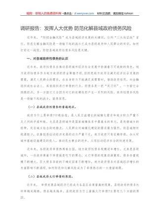 调研报告：发挥人大优势 防范化解县域政府债务风险