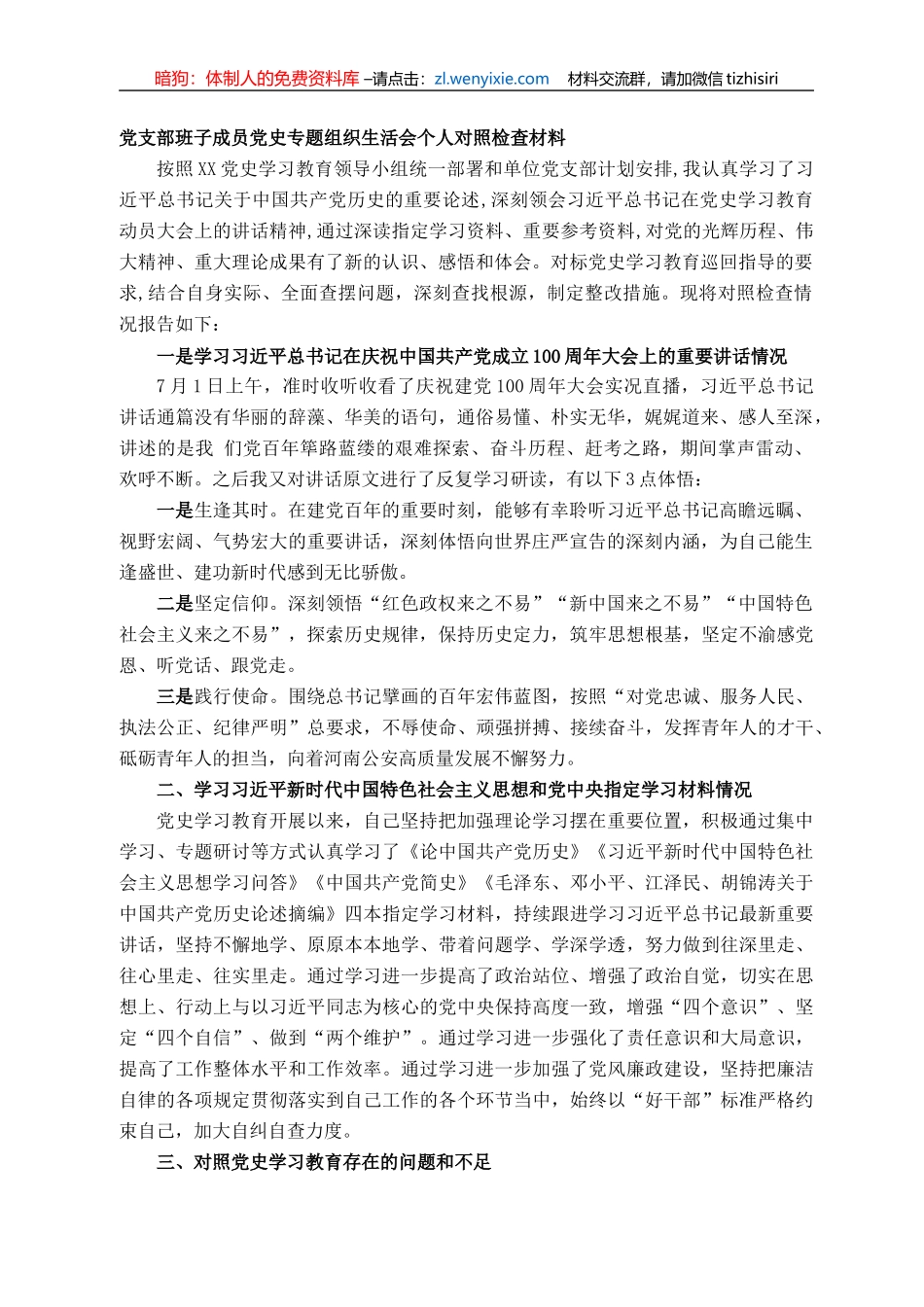 党支部班子成员党史专题组织生活会个人对照检查材料_第1页