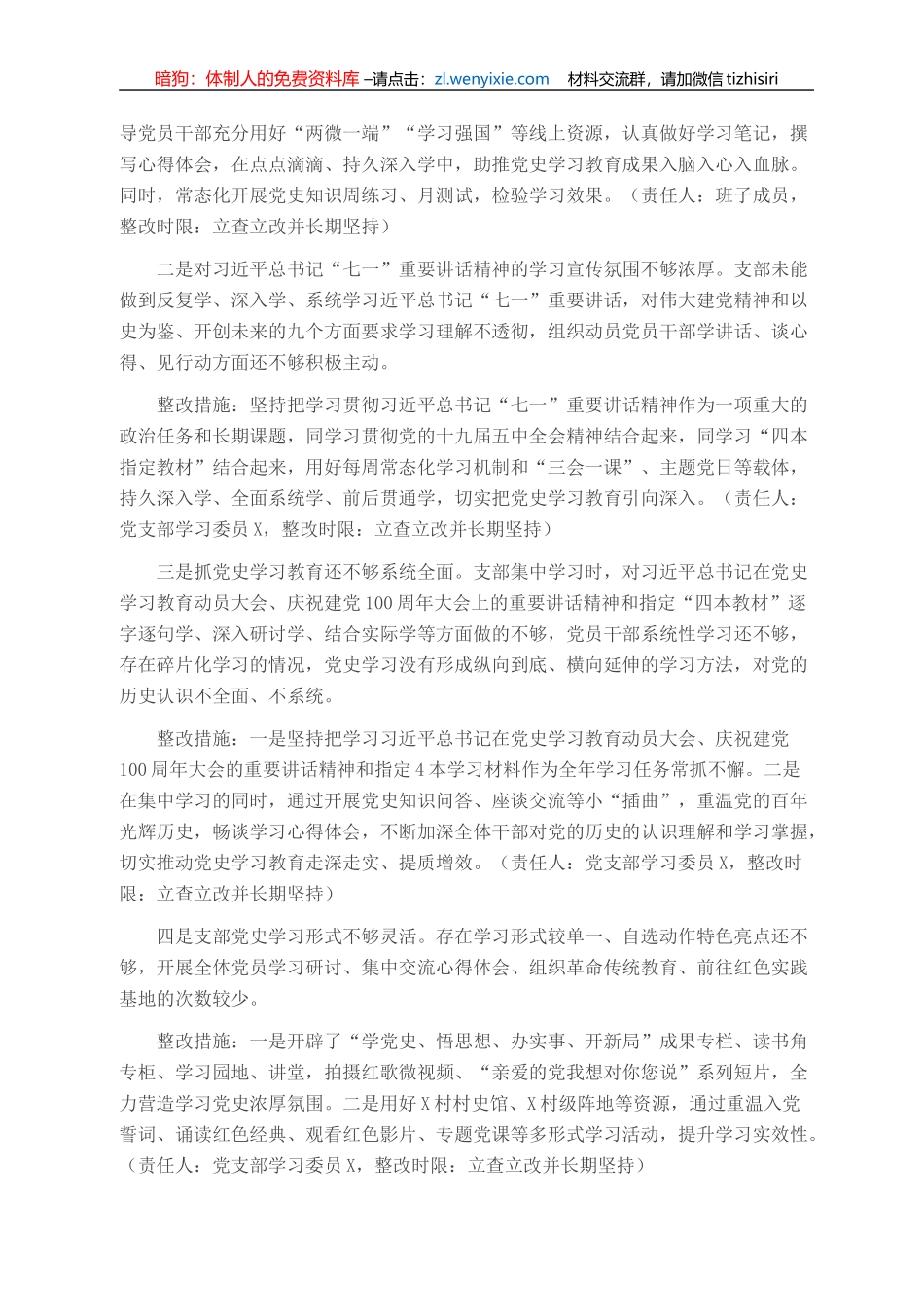 党支部班子党史学习教育专题组织生活会整改方案_第2页
