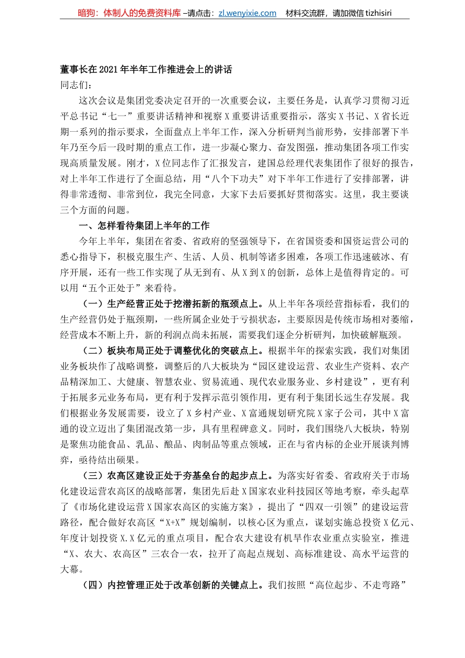 董事长在年半年工作推进会上的讲话 （集团公司）_第1页