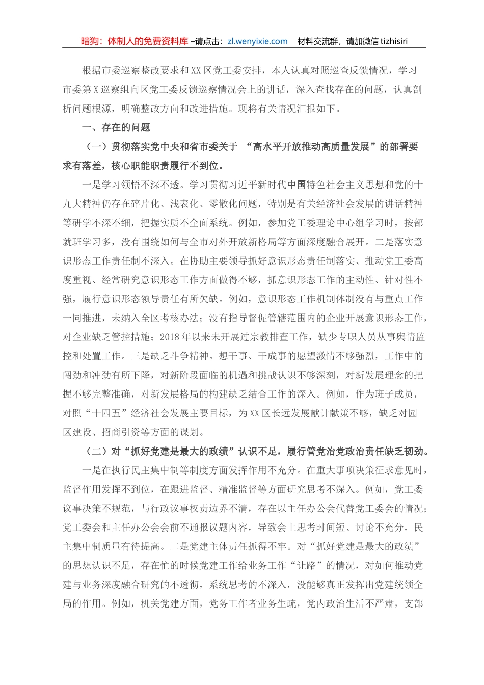巡察整改专题民主生活会对照检查材料_第1页