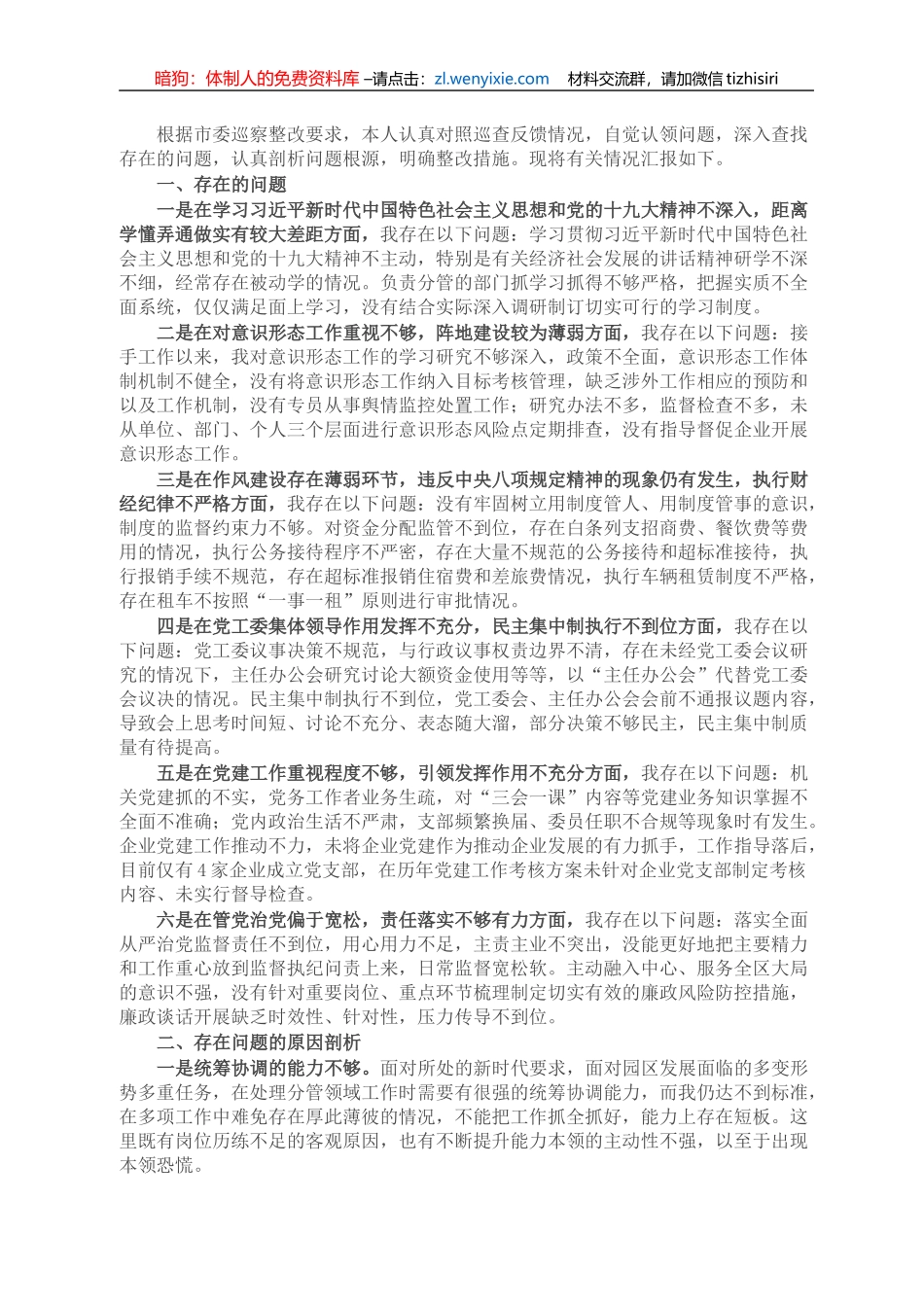 巡察整改专题民主生活会个人剖析材料_第1页