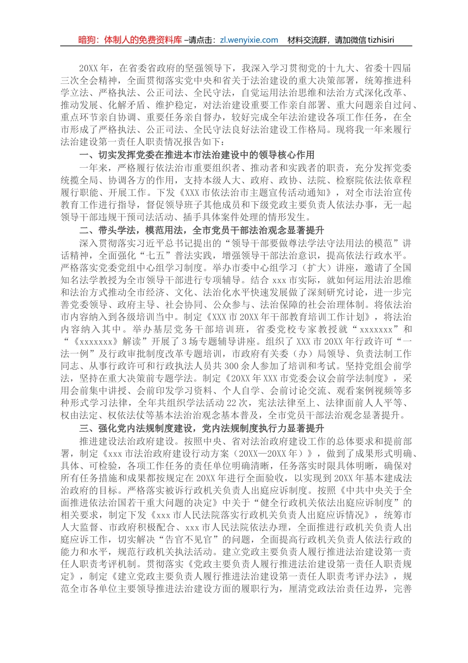 X市党政主要负责人履行推进法治建设第一责任人职责述法报告_第1页