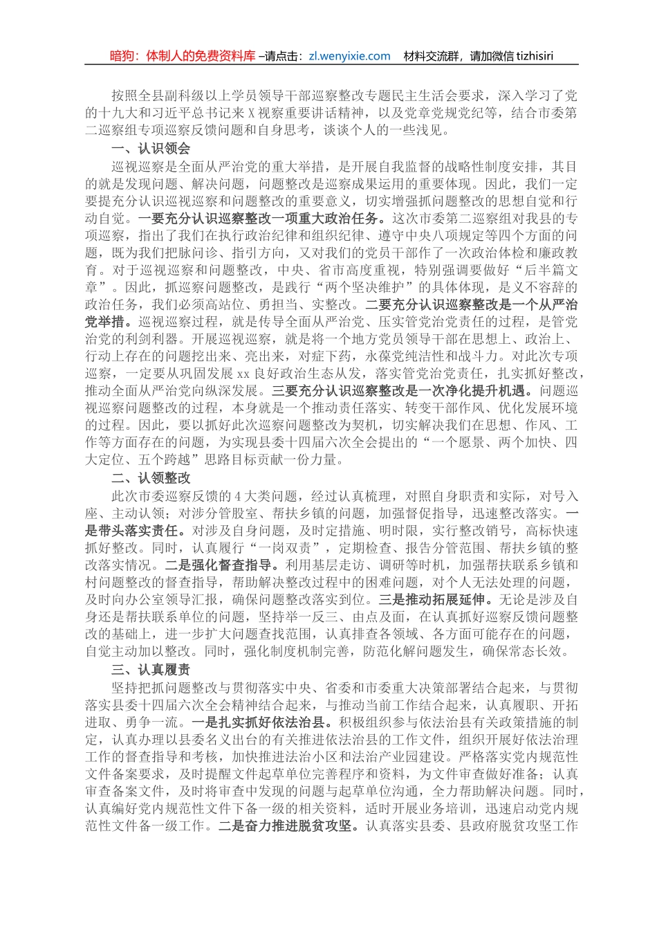 乡镇党委领导班子巡察整改专题民主生活会学习研讨发言_第1页