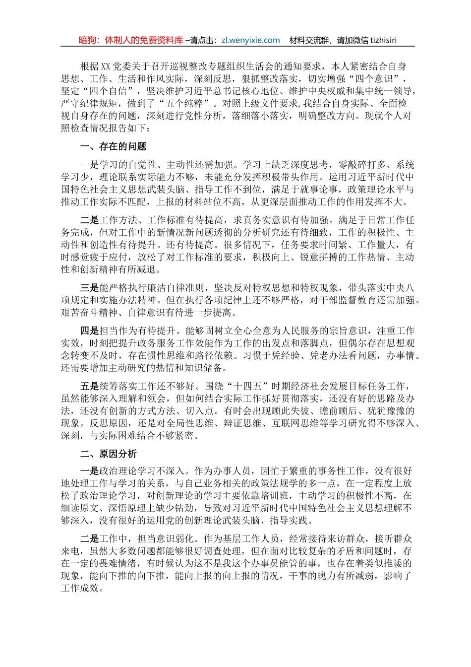 巡察整改专题组织生活会个人对照检查材料（党员干部）_第1页