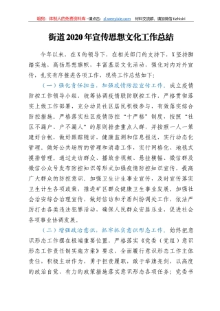 街道2020年宣传思想文化工作总结