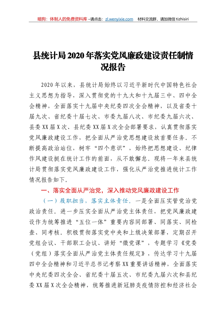 统计局2020年落实党风廉政建设责任制情况报告_第1页