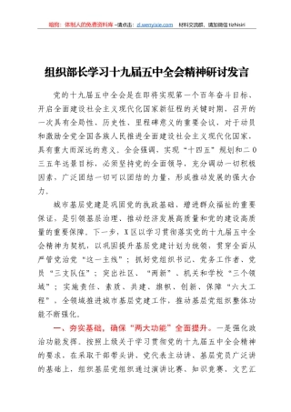 组织部长学习十九届五中全会精神研讨发言
