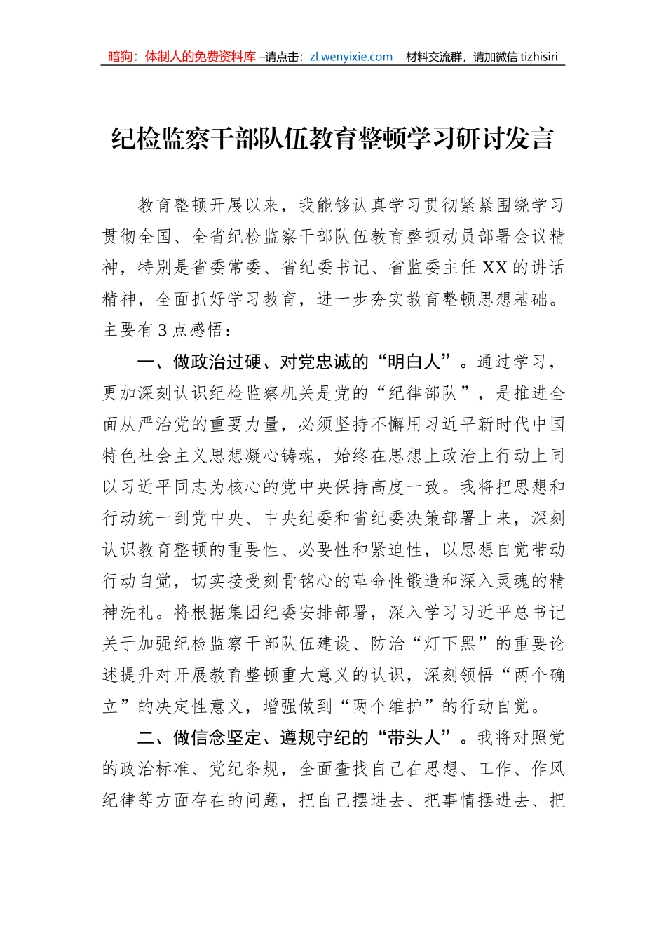纪检监察干部队伍教育整顿学习研讨发言_第1页