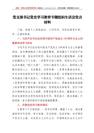 党支部书记党史学习教育专题组织生活会发言材料