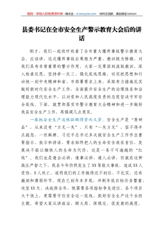 县委书记在全市安全生产警示教育大会后的讲话