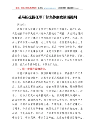 局新提拔任职干部集体廉政谈话提纲