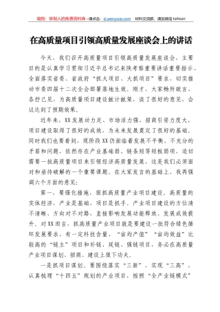 在高质量项目引领高质量发展座谈会上的讲话
