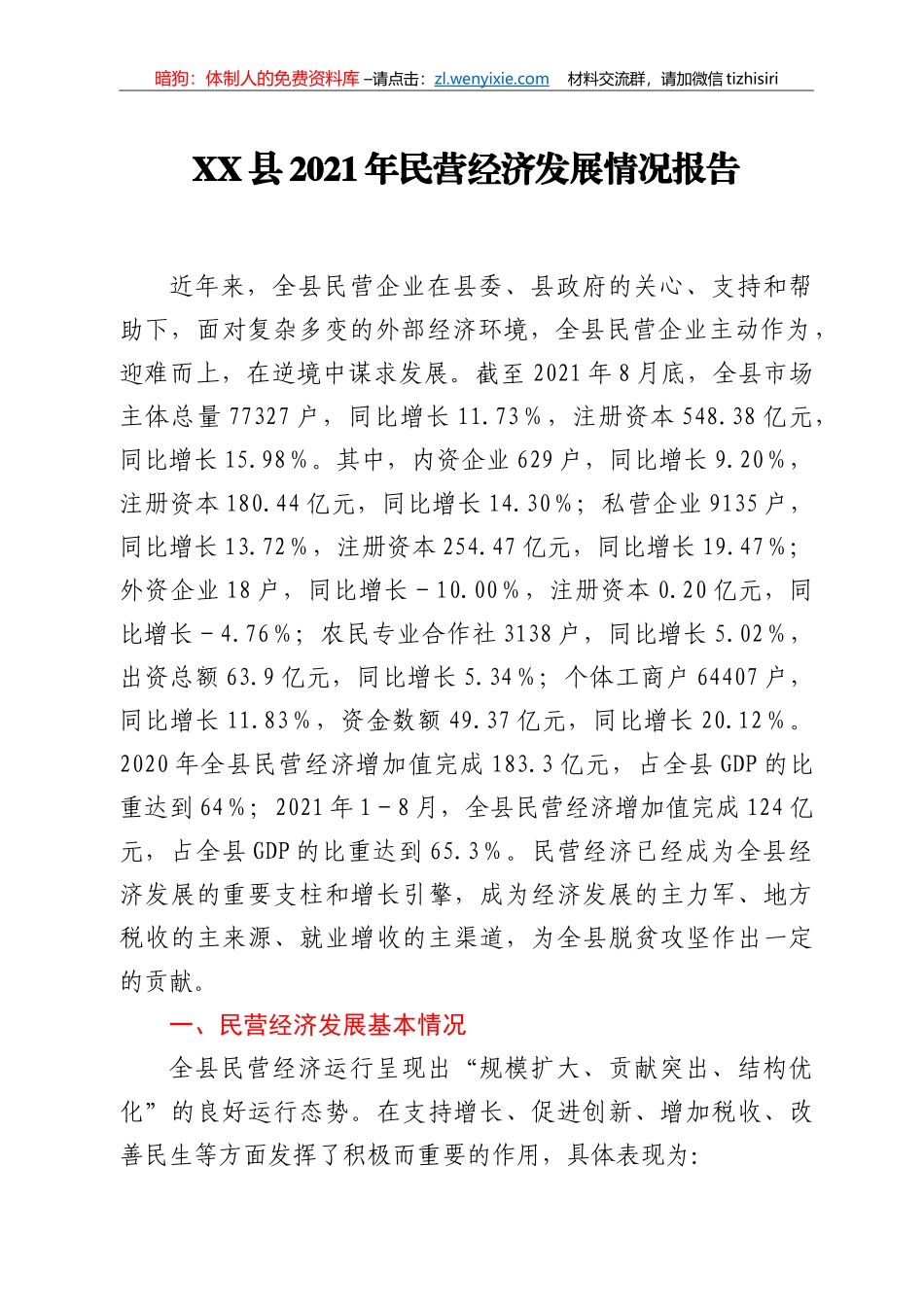 XX县2021年民营经济发展情况报告_第1页