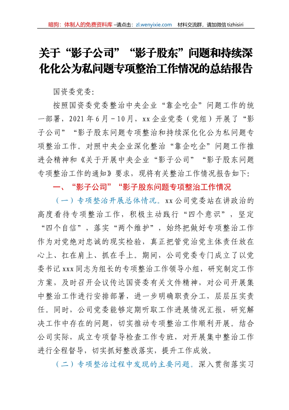 关于“影子公司”“影子股东”问题和持续深化化公为私问题专项整治工作情况的总结报告_第1页