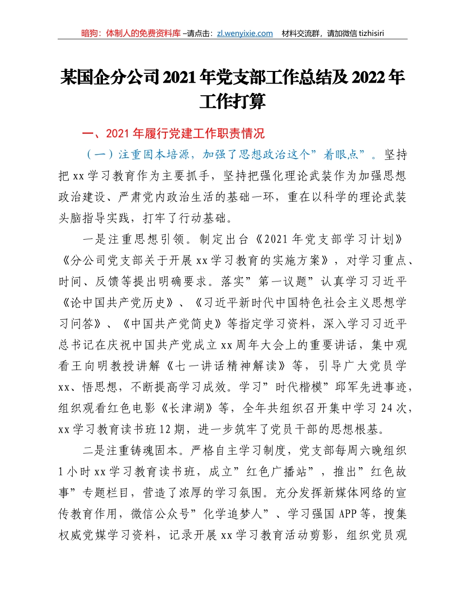 某国企分公司2021年党支部工作总结及2022年工作打算_第1页
