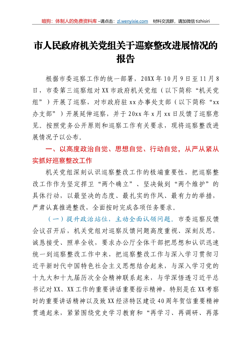 市人民政府机关党组关于巡察整改进展情况的报告_第1页