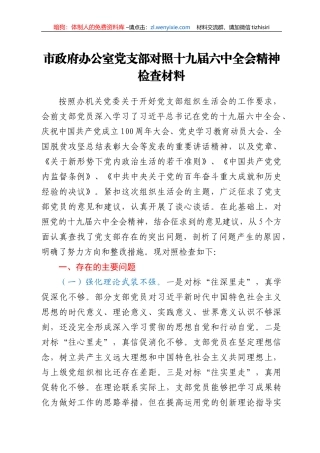 市政府办公室党支部对照十九届六中全会精神检查材料