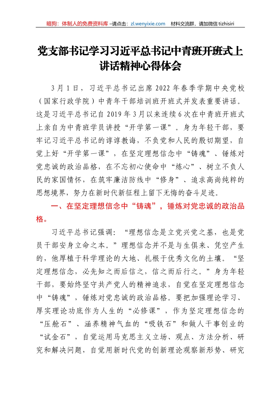 党支部书记学习习近平总书记中青班开班式上讲话精神心得体会_第1页