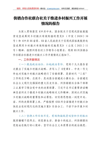 供销合作社联合社关于推进乡村振兴工作开展情况的报告