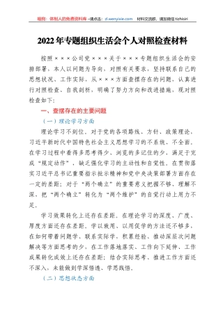 2022年专题组织生活会个人对照检查材料