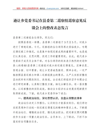逊让乡党委书记在县委第二巡察组巡察意见反馈会上的整改表态发言（20220804）