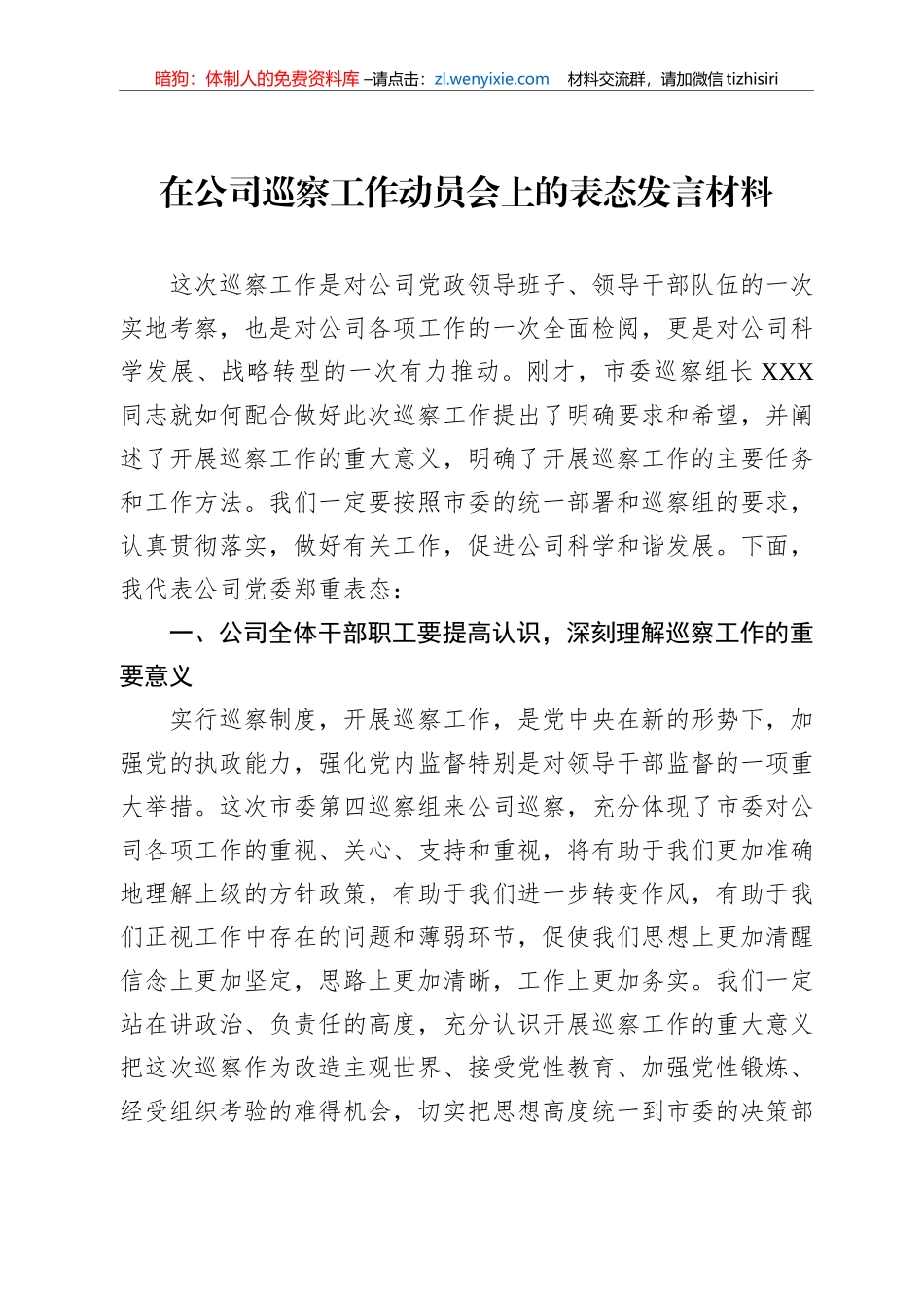 在公司巡察工作动员会上的表态发言材料_第1页