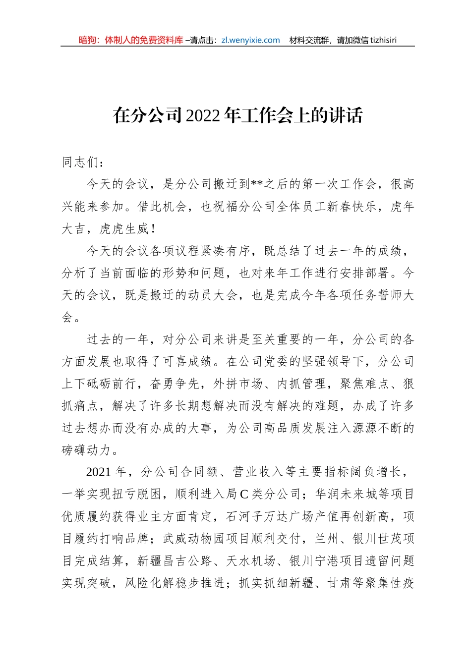 在分公司2022年工作会上的讲话_第1页