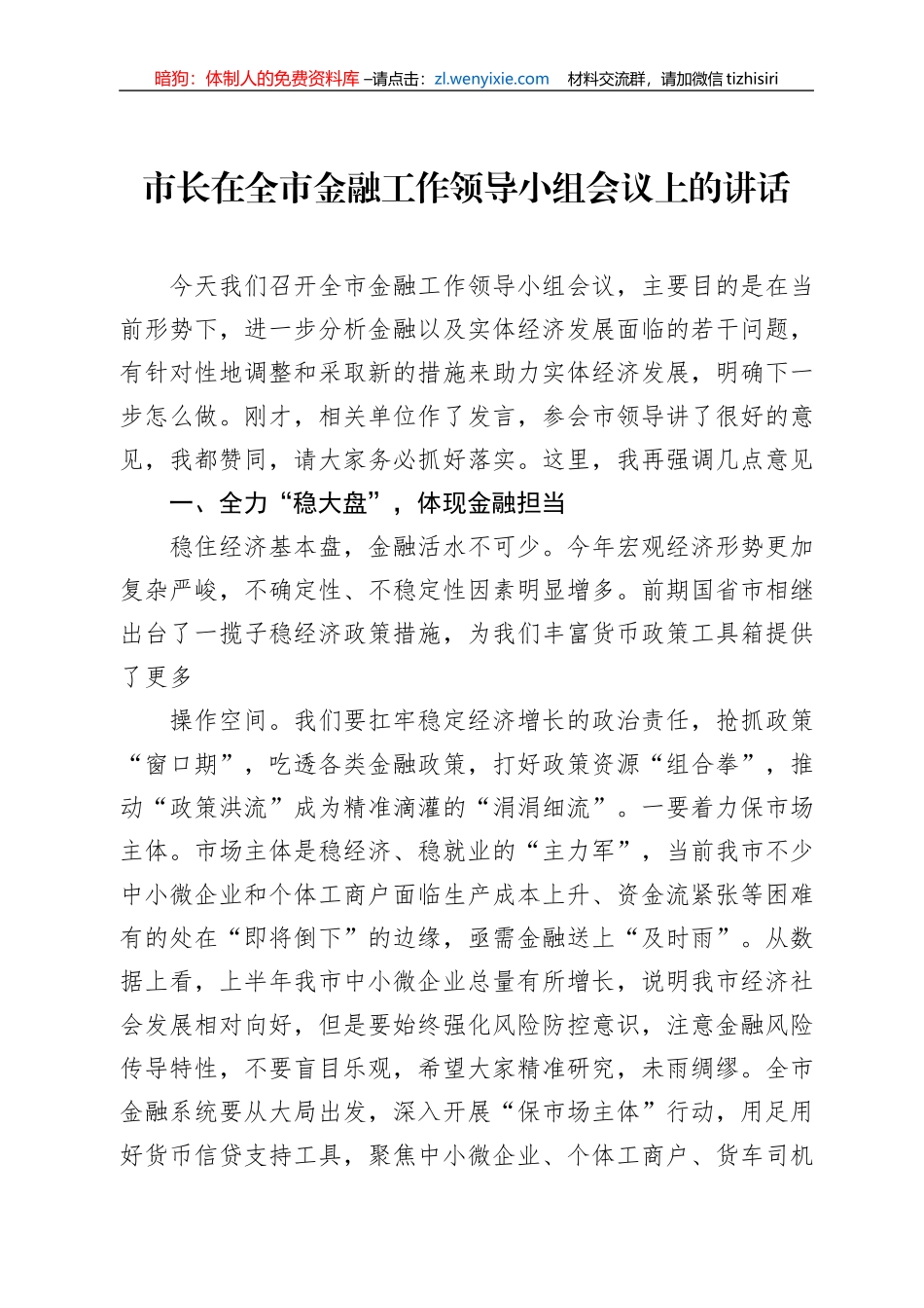 2022年市长在全市金融工作领导小组会议上的讲话_第1页