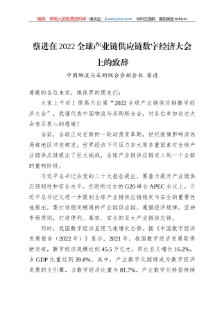 蔡进在2022全球产业链供应链数字经济大会上的致辞(20221124)