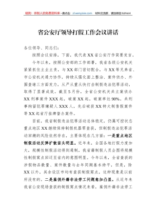 省公安厅领导打假工作会议讲话