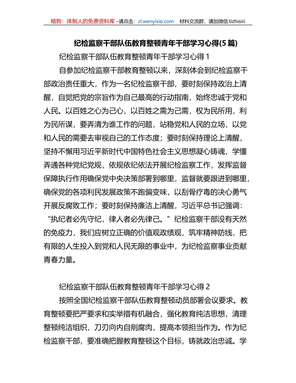 (5篇)纪检监察干部队伍教育整顿青年干部学习心得_第1页