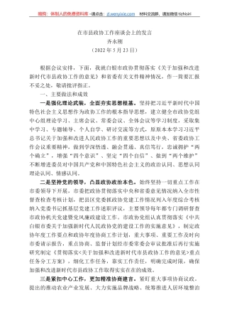 齐永刚：在市县政协工作座谈会上的发言